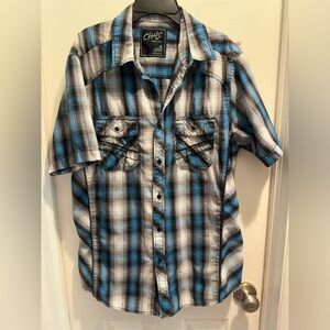 Men’s Blue, White and Black Plaid Button Down